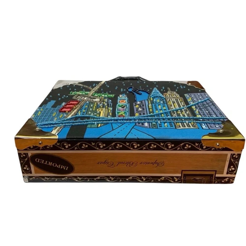 Vintage Bueno NYC Skyline Cigar Box Beaded Purse Black Bamboo Acrylic Handle
